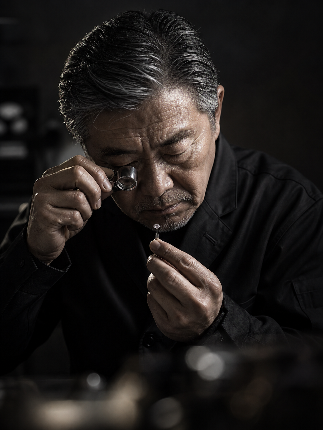 Master diamond polisher examining a diamond through a loupe