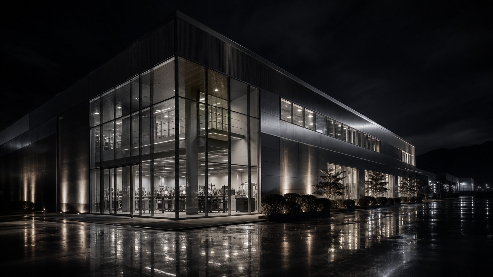 A modern diamond polishing factory lit at night
