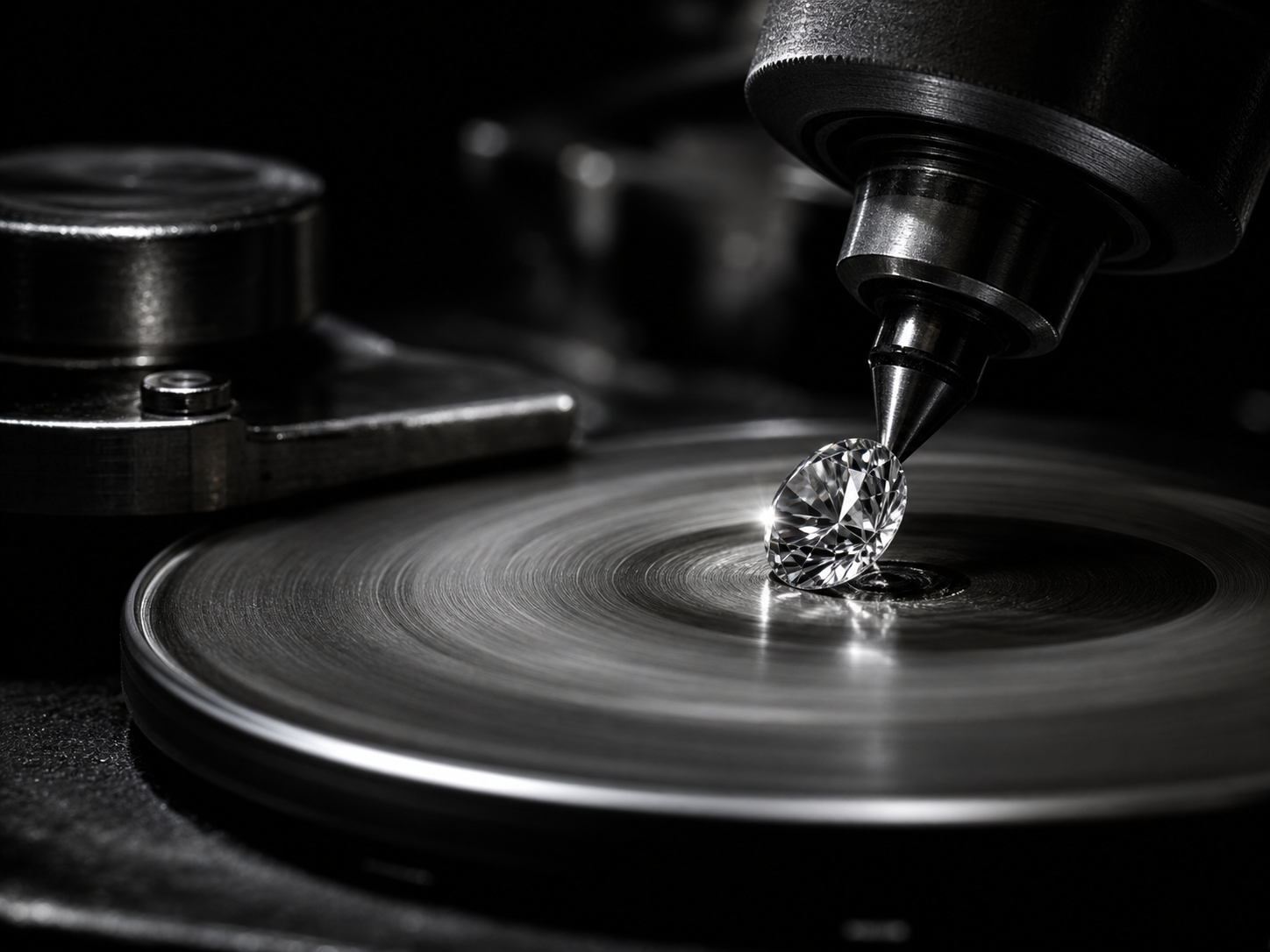 A diamond on a spinning polishing wheel