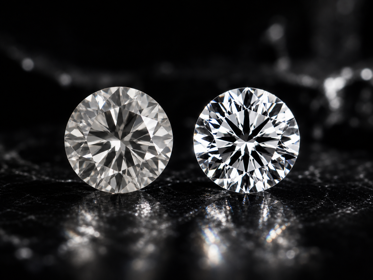 Two diamonds compared on a dark surface